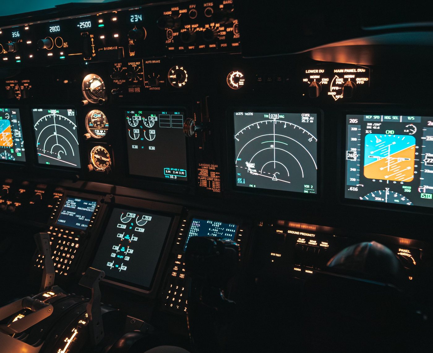 Flight simulator cockpit with multiple ATI-format displays