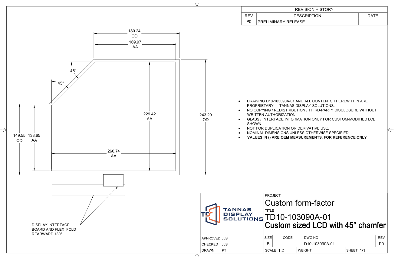 Tannas engineering drawing — custom sized LCD with 45-degree chamfer, active area and outer dimensions